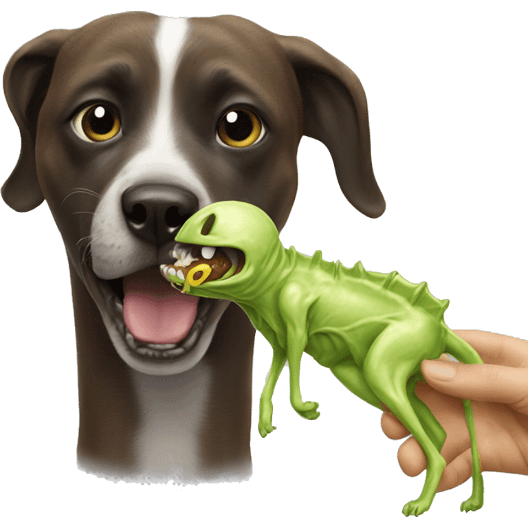 Dog eating an alien emoji