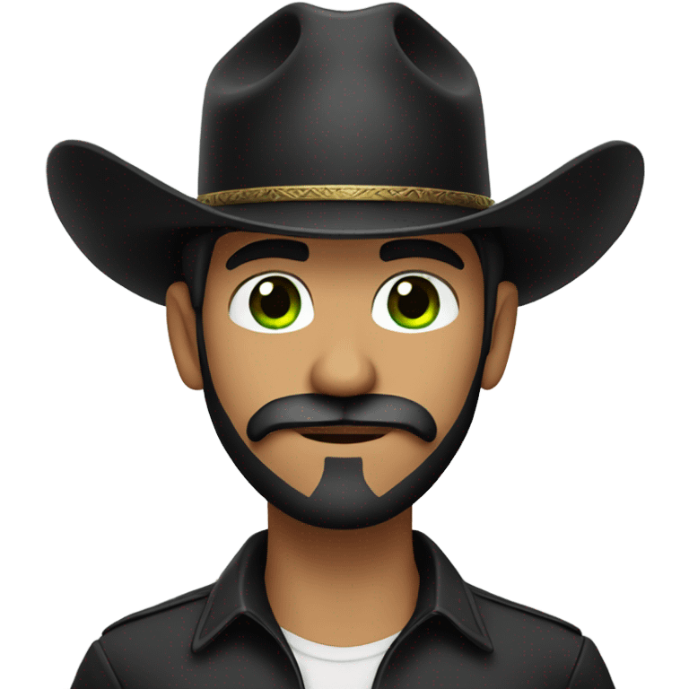 Light hispanic male, black beard with a black mustache, green eyes and wearing black cowboy hat emoji