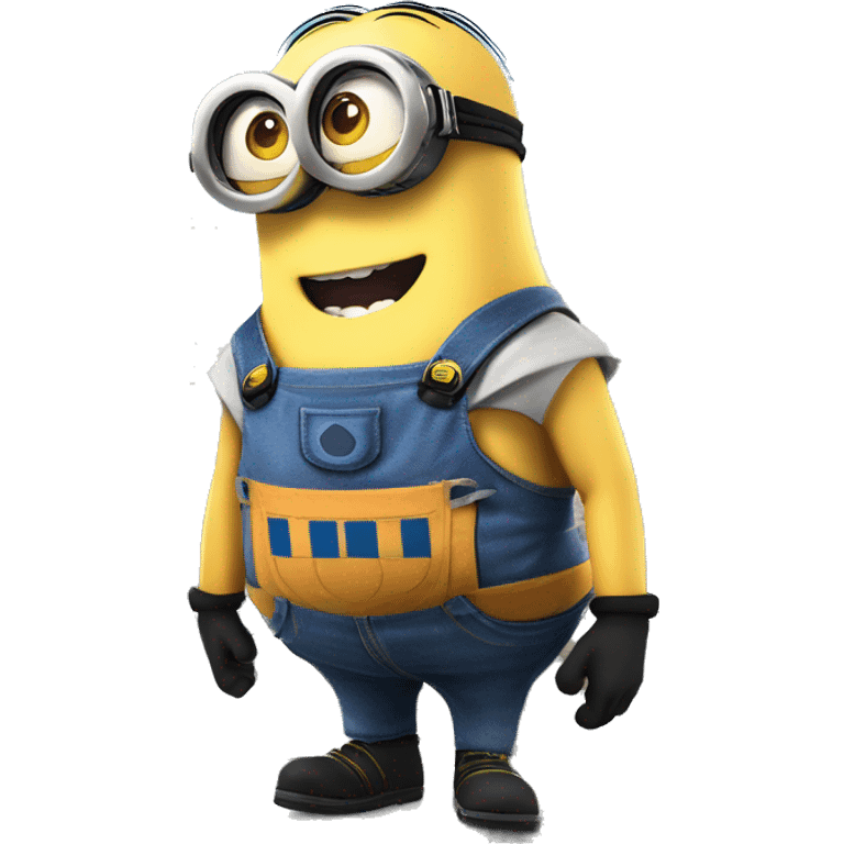 A giant minion character from Despicable Me, towering over a cityscape. The minion is wearing its signature blue overalls and goggles, with a mischievous grin on its face. emoji