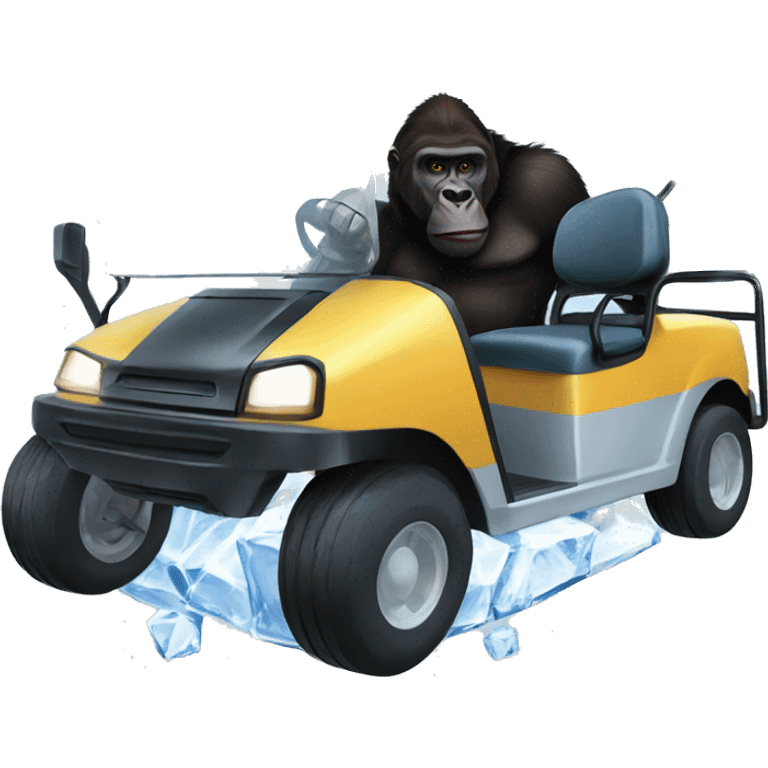 Golf cart in an ice cube with a gorilla riding in it emoji