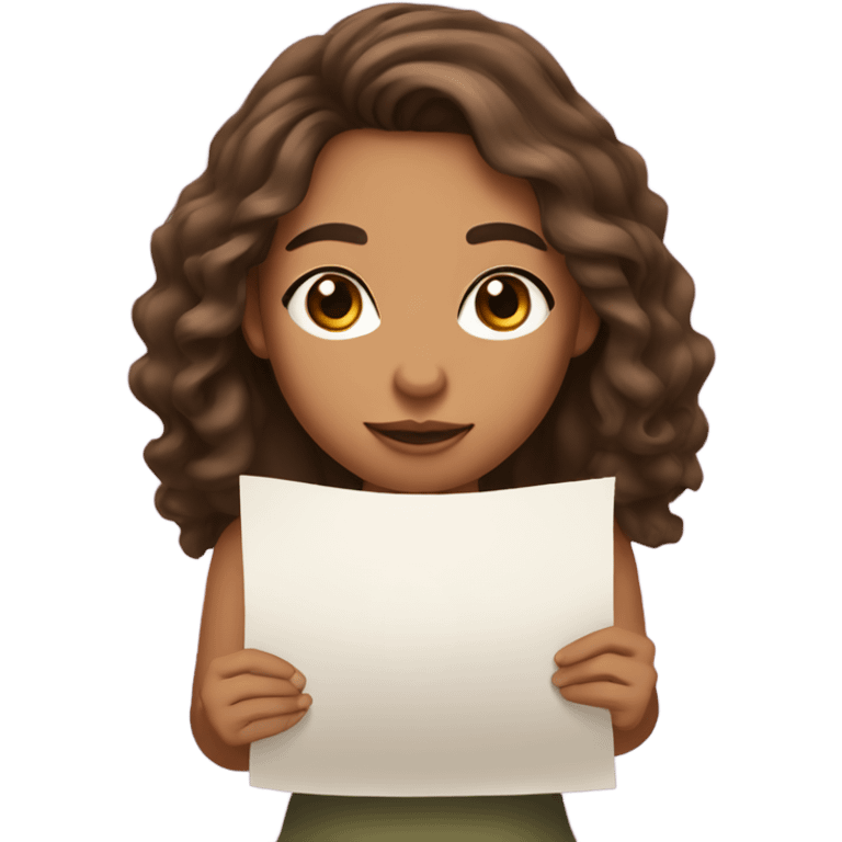 girl with olive skin, brown eyes and brown long wavy hair, holding a paper emoji