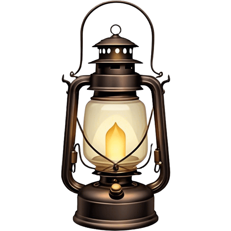 Cinematic Realistic Lantern, an old-fashioned glass lantern with a warm flickering glow, delicate details on the metal handle, softly illuminating the surrounding darkness, glowing with a comforting and nostalgic charm. emoji