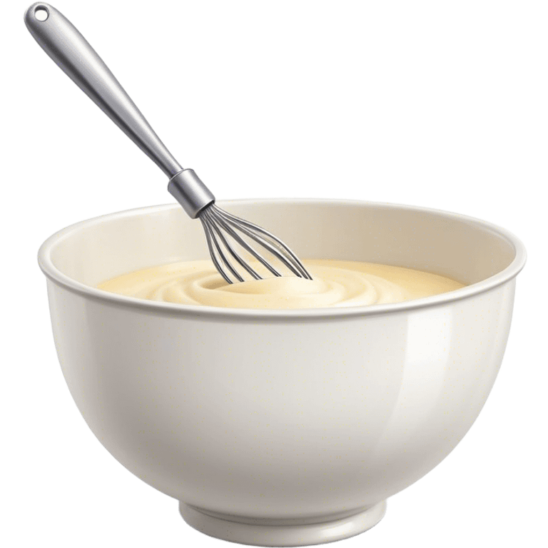 Cinematic Realistic Whisk & Mixing Bowl, a well-used metal whisk resting in a smooth ceramic mixing bowl, light reflecting off the whisk’s polished surface, subtle smears of batter along the rim, glowing with a sense of warmth and creativity. emoji