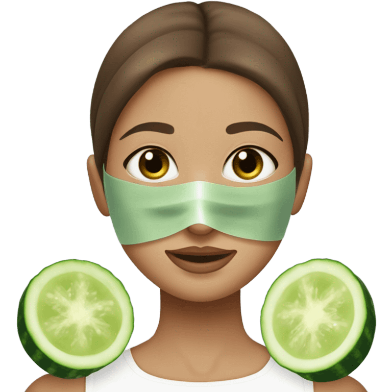 Girl with freackles Brown hair white skin Tone and blue eyes wears Green skin care mask while She relaxes and cucumber on her closed eyes emoji