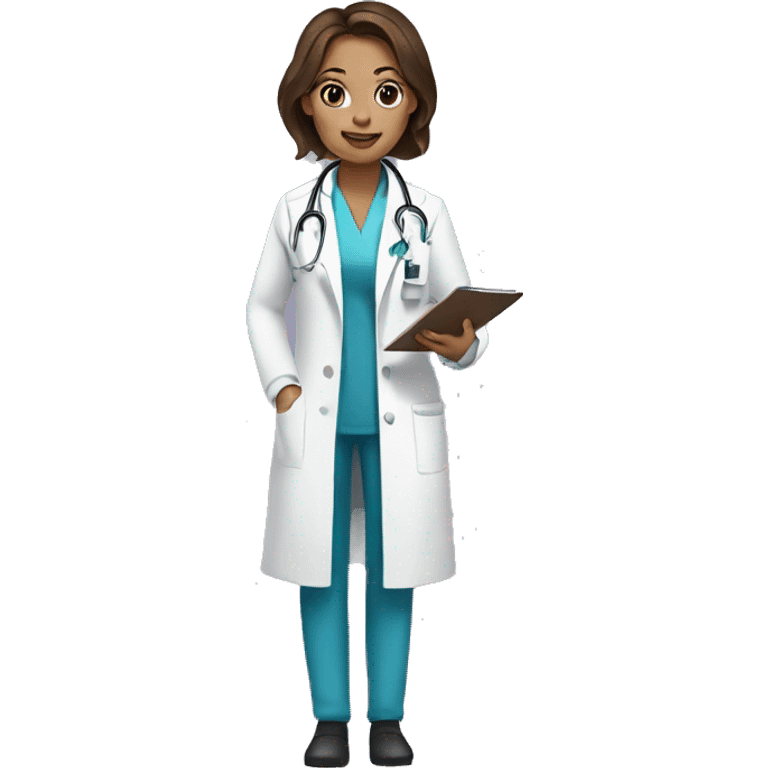 A woman doctor, with brown hair in a white coat, with pink lips, with brown eyes, holds a medical card in her hands emoji