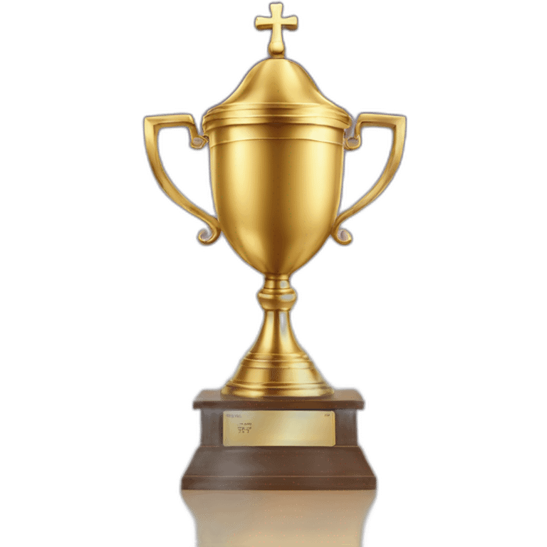 royal big empty Christian trophy for the winner with a cross on royal background  with number 1 emoji