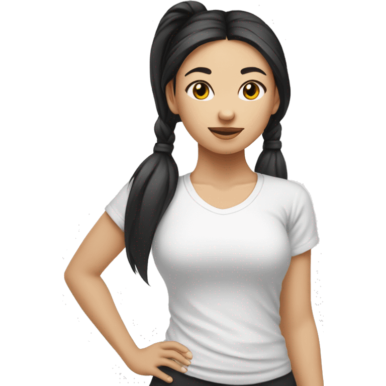 A asian girl with black pony tail white tee shirt yoga emoji