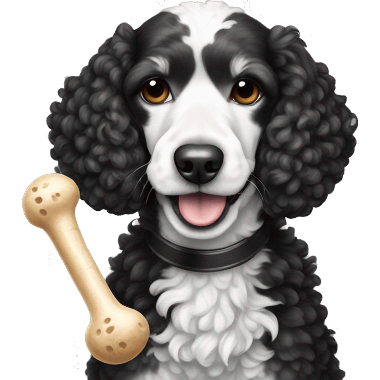 harlequin black and white poodle holding a bone in her mouth emoji