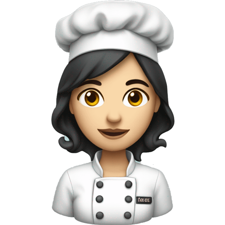 woman with dark hair and a chef hat wearinga chef jacket raising han emoji