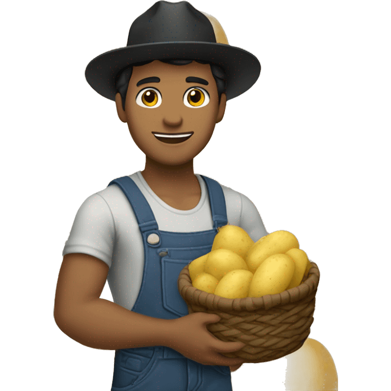  Slightly Brown skin handsome guy with black hair wearing farmer's hat and holding a basket full of potatoes emoji