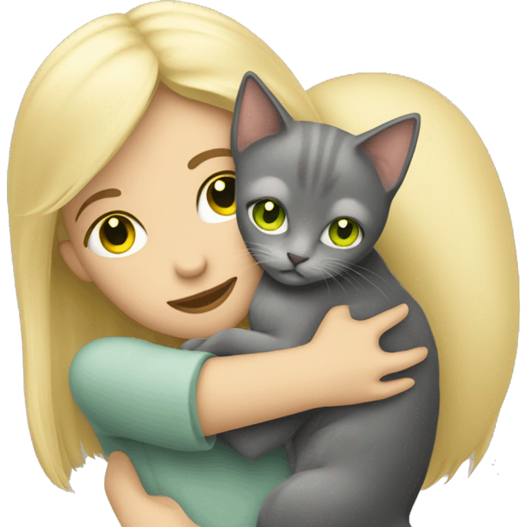 blonde girl hugs a gray cat with green-yellow eyes emoji