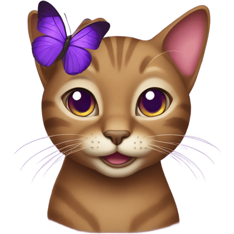 Brown smiling cat playing with purple butterfly  emoji