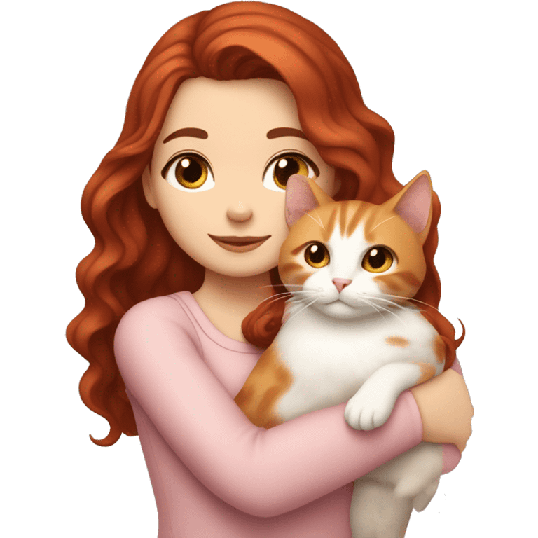 white girl with long very dark red wavy hair and dark brown eyes and light pink outfit hugging a white & ginger cat  emoji