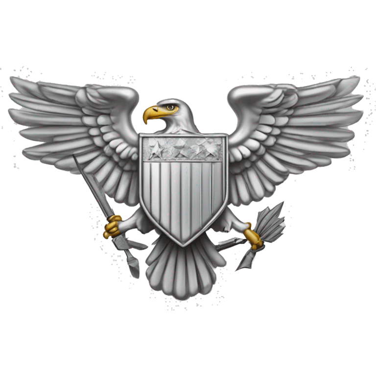 Create an emoji of a silver US Army O-6 Colonel insignia: a detailed silver eagle with outstretched wings, clutching arrows and bearing a shield on its chest. Ensure the background is transparent. The entire thing should be silver emoji