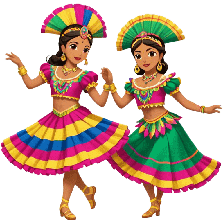 Cinematic Realistic scene of two dancers performing Cumbia, adorned in colorful traditional Colombian costumes with intricate details, captured in rhythmic motion with lively, festive lighting emoji