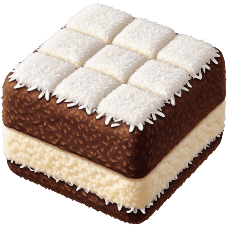 Cinematic Realistic Lamingtons Dessert Emoji, depicted as soft sponge squares coated in chocolate and coconut rendered with mouth‚Äêwatering detail and vibrant lighting. emoji