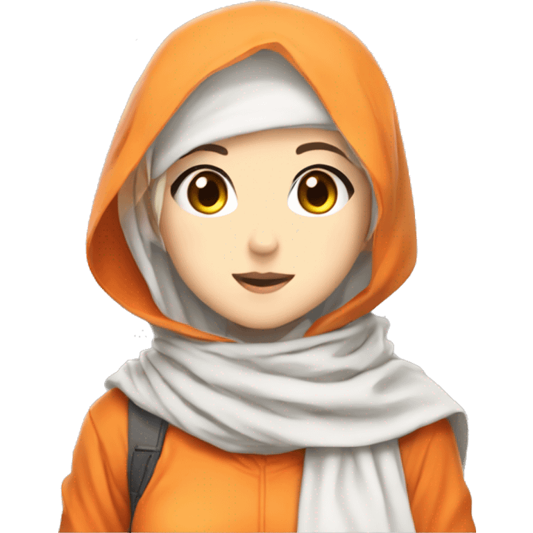 anime girl hijab sweet white skinned peanime female adventurer in orange clothes half  holding an orange fruit  emoji