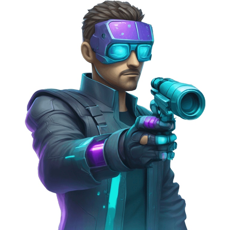 Secret human agent with  cyberpunk elements with a spyglass scanning looking reviewing multicolor lines of code, cyan and purple colors, only upper body portrait emoji