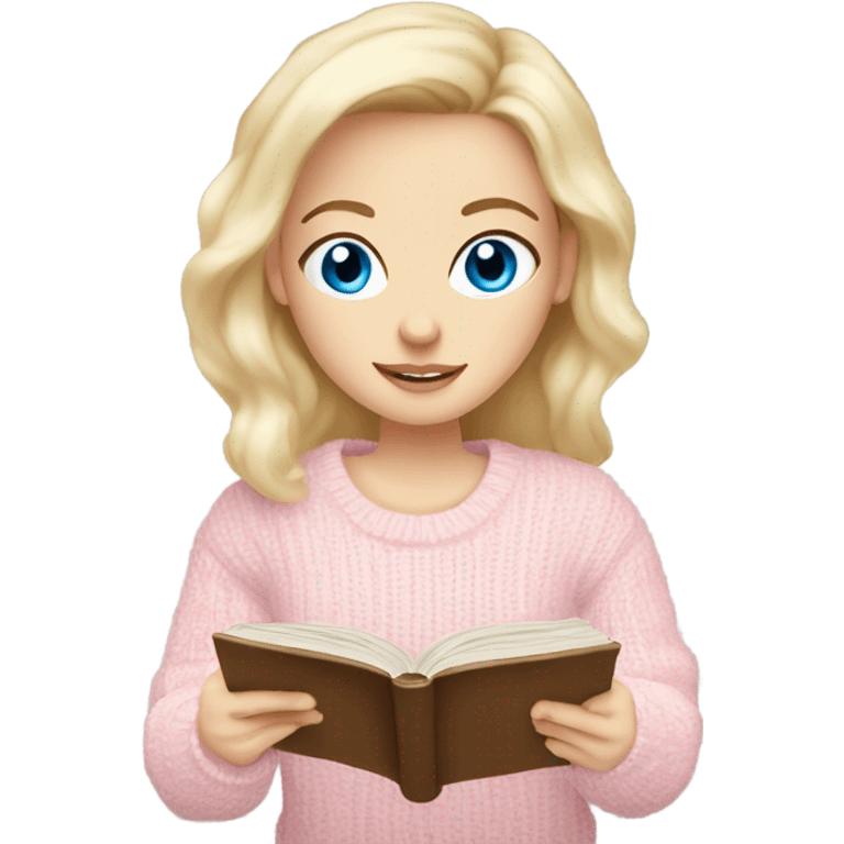 Pretty blue eyed white girl with light pink sweater reading cozy emoji