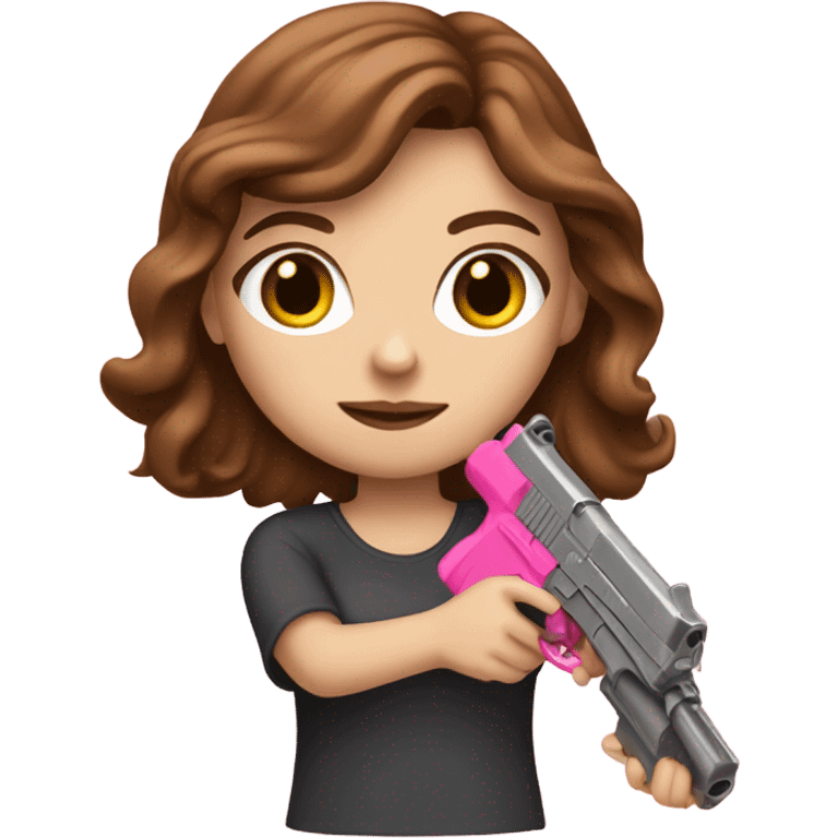 white girl with brown hair holding a pink gun  emoji