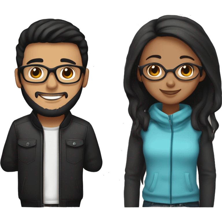 Happy couple together; girl with medium black hair, brown eyes and light brown skin; boy with glasses, short black hair, black beanie, and black beard  emoji