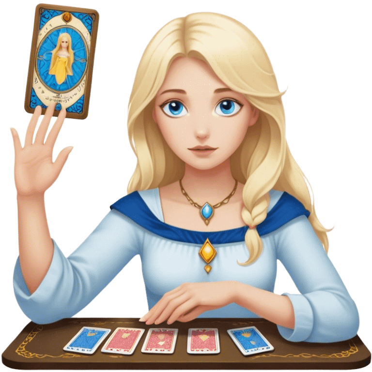 Blonde girl blue eyes makes a hand on the cards tarot  emoji