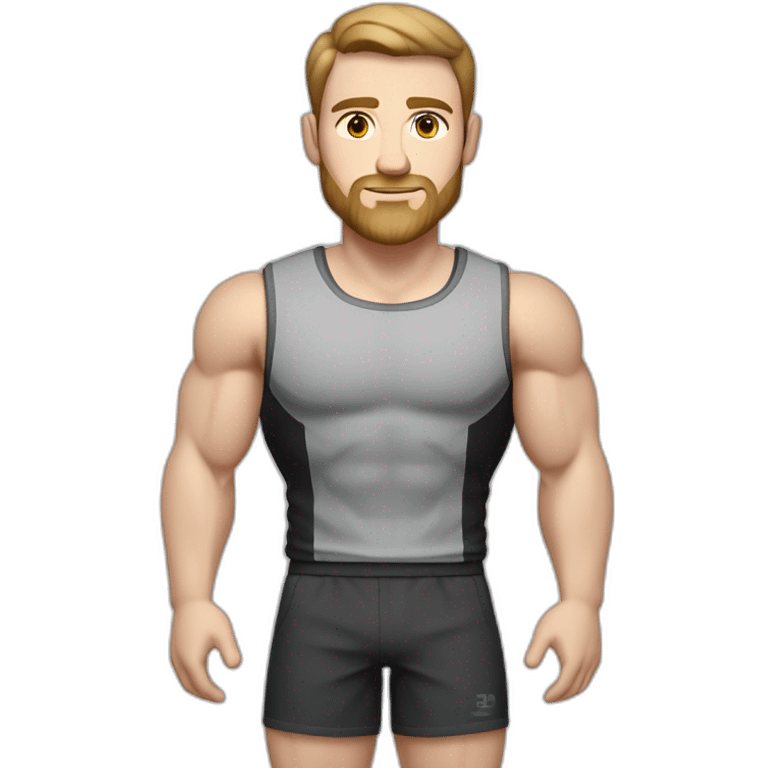 Full height Pale skinned muscular man With Realistic eyes and mouth, light brown hair and stubble In dark gray sleeveless mike, black oversize sports shorts, watch and white sneakers. emoji