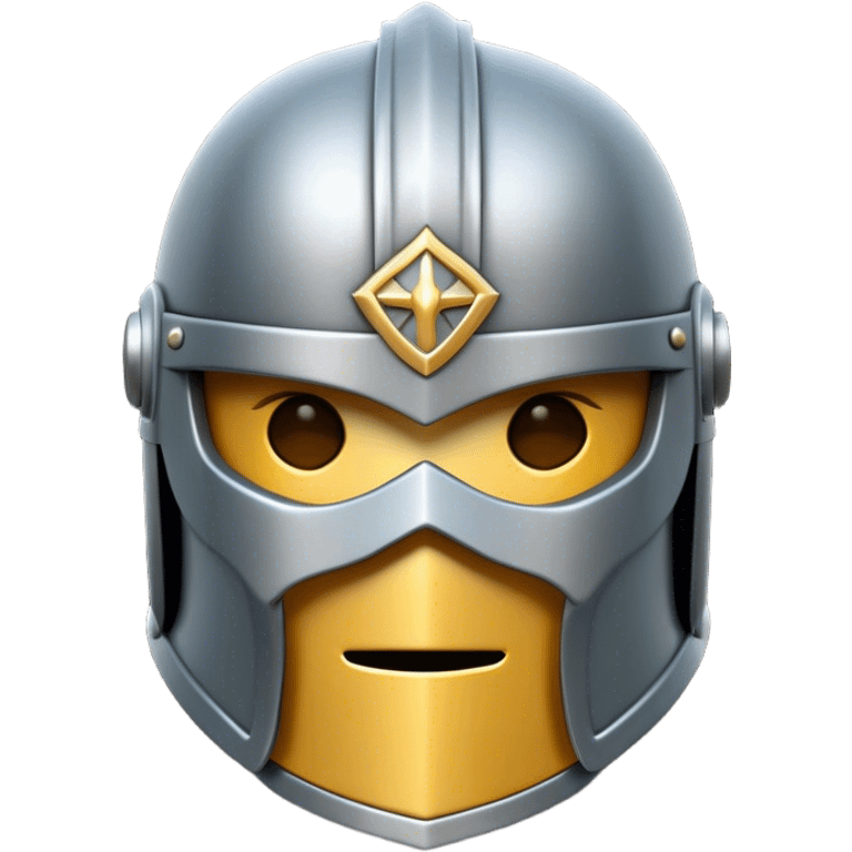 Clash of Clans aesthetic: Cinematic heroic Steel full face Helm Emoji, rendered in a 3D vector-style similar to standard emojis with minimal shading and bold, simplified shapes. A compact, isometric helmet crafted of shining steel with intricate engravings and a protective visor, softly glowing with a noble warrior charm. Simplified yet unmistakably iconic, highly detailed and consistent, glowing with a soft radiant gleam and high polish. Stylized with a touch of chivalric tradition and a soft glowing outline, capturing the essence of a stalwart battle helm with a friendly, playful manner! emoji