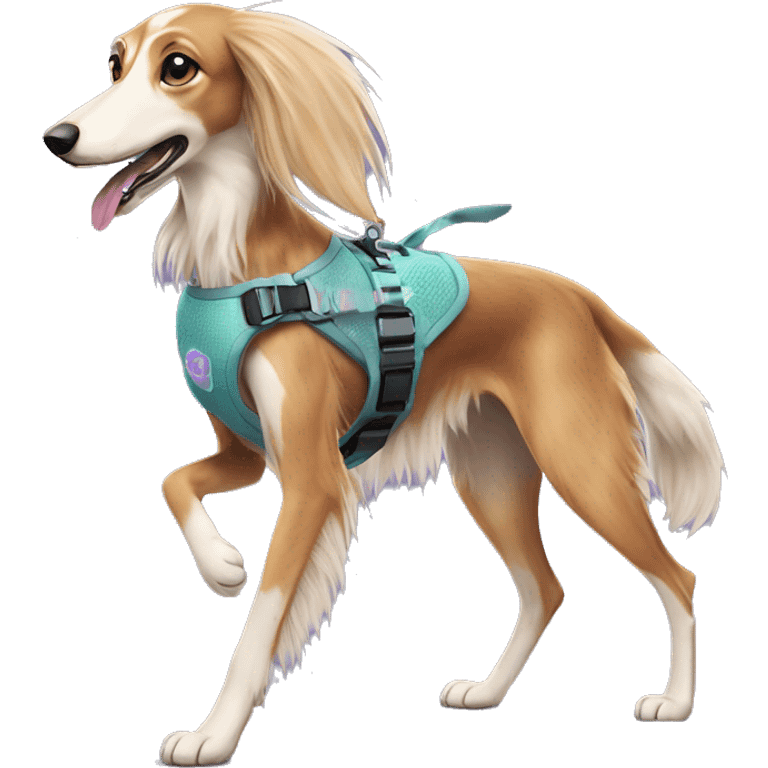 Fluffy dog saluki with tattoos and holographic harness running emoji