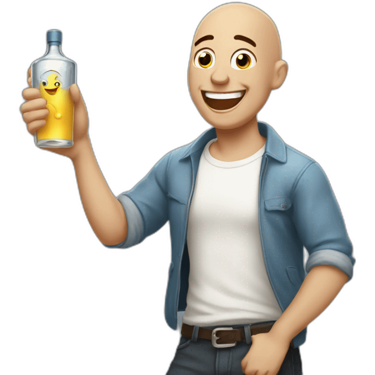 bald young guy laughting with à vodka bottel emoji