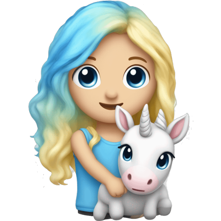 Kleinkind mit blauen Augen und blondem Haar mit einem Einhorn Kuscheltier in der Hand  emoji