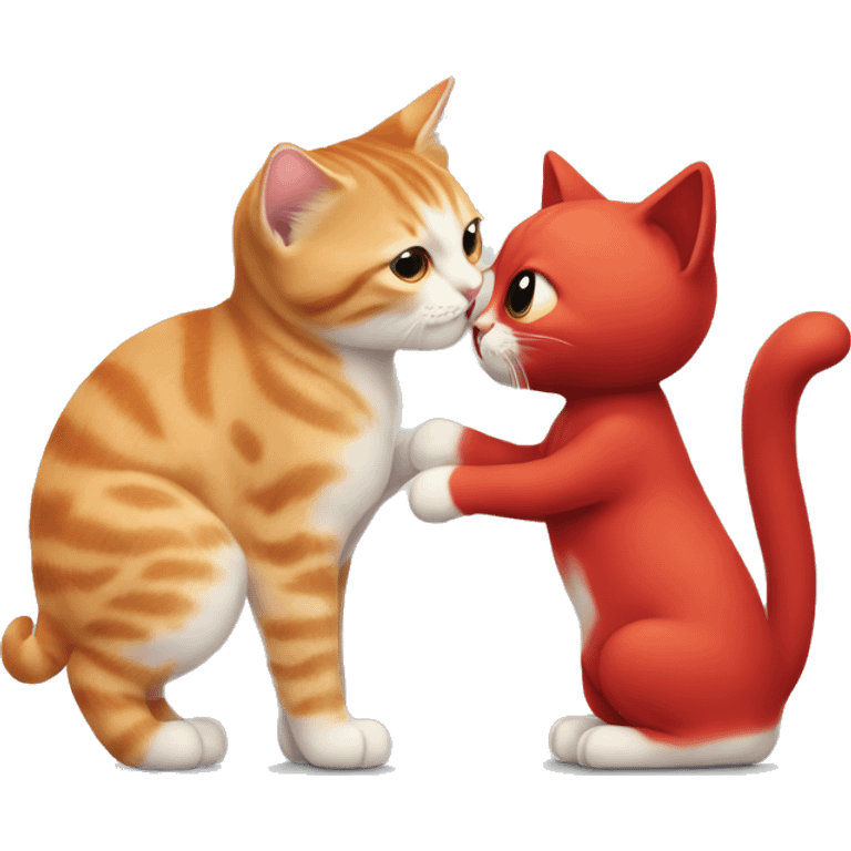 A small tricolour kitty playing with a big red cat emoji