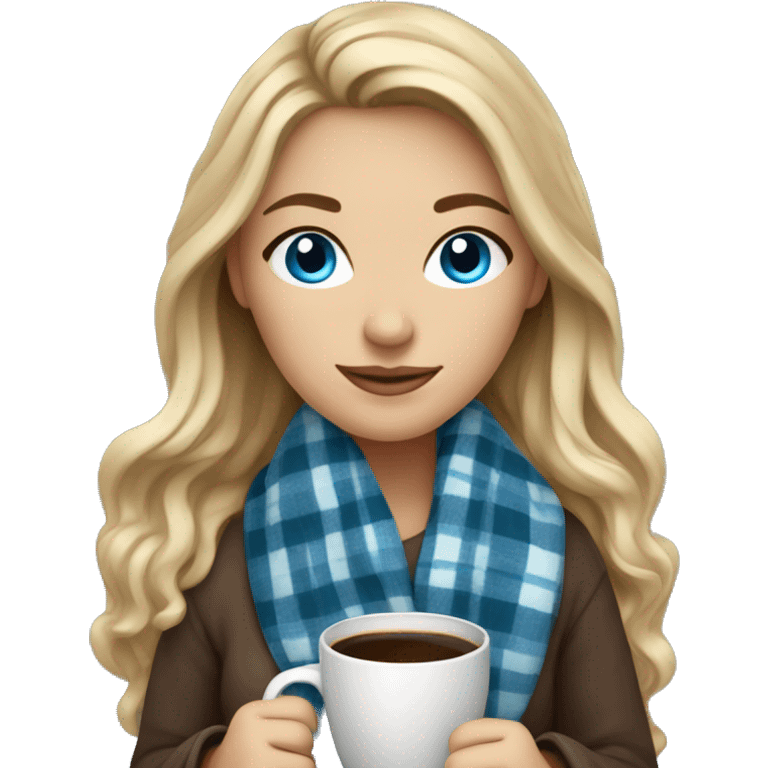 Dark blonde hair woman with blue eyes cozy plaid blanket with coffee emoji