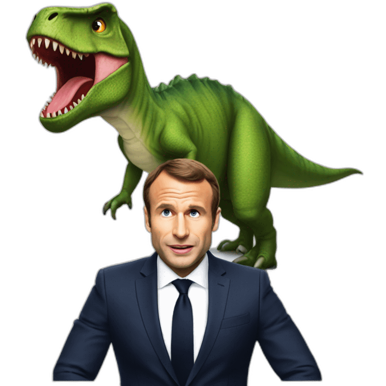 Macron qui est sur un T-Rex emoji