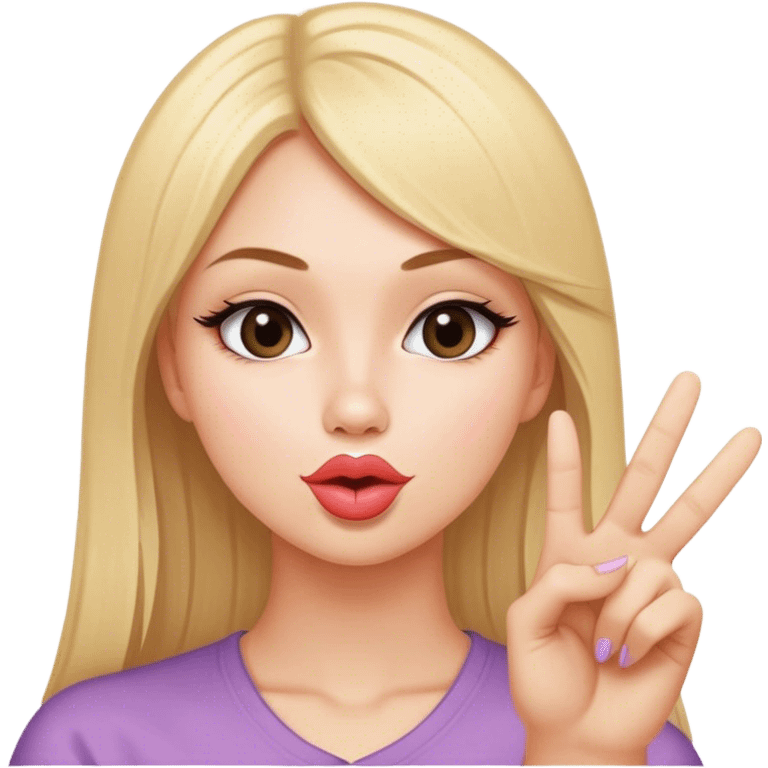 White girl with straight blonde hair doing duck lips and sticking up peace sign with one hand  emoji