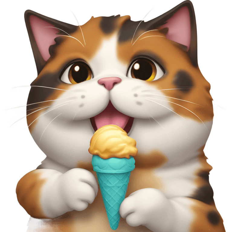 Cute fat tortoiseshell cat eating ice cream emoji