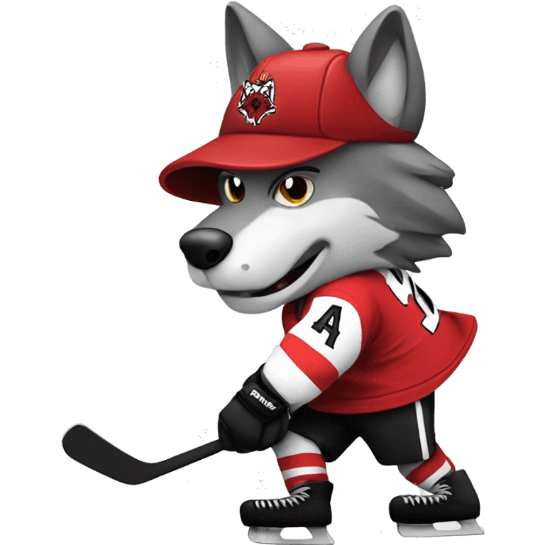 A wolf in a red black and white hockey uniform with a wolf emblem is playing hockey emoji