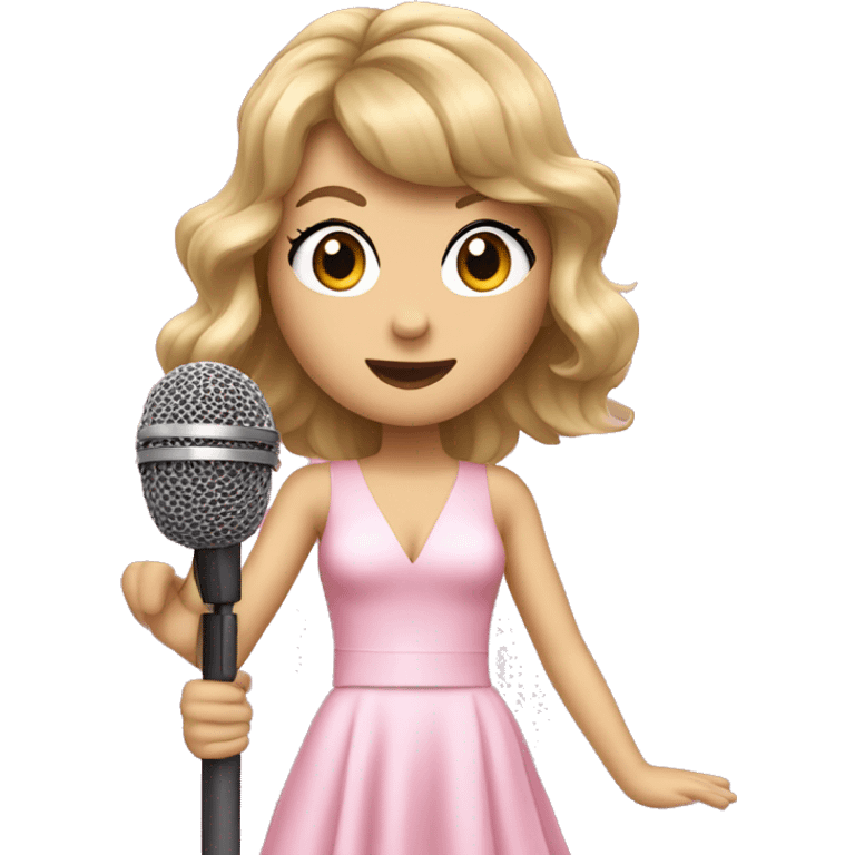 taylor swift with microphone dressed in pink emoji