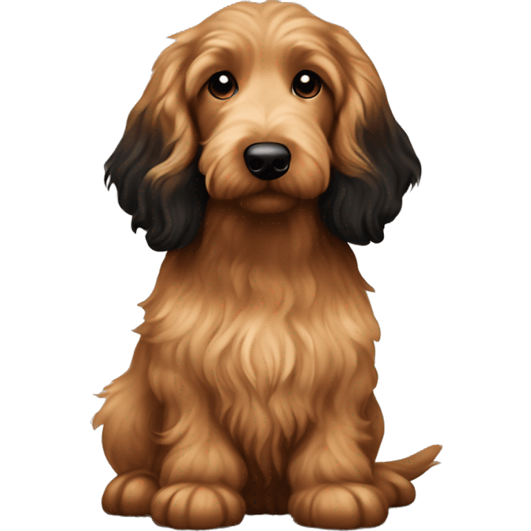 Brown golden doodle and black and tan and cream longhair dachshund sitting together  emoji