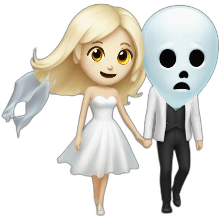 a blondie girl and a bald guy dressed as a ghost going both to a party emoji