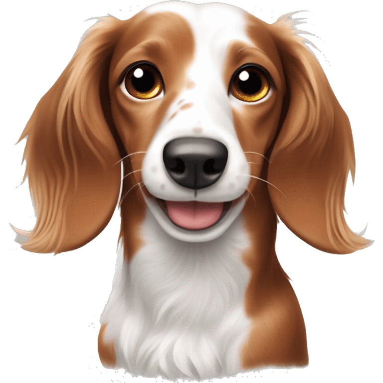 Long haired white and red piebald dachshund with freckles smiling whole body emoji