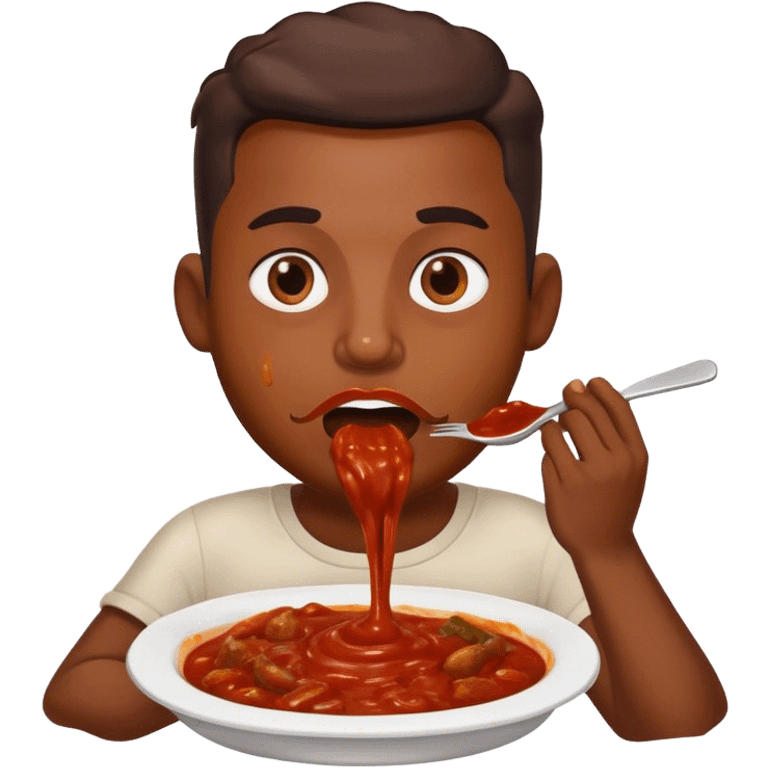 A men eating a large sauce and with sauce en her mouth emoji