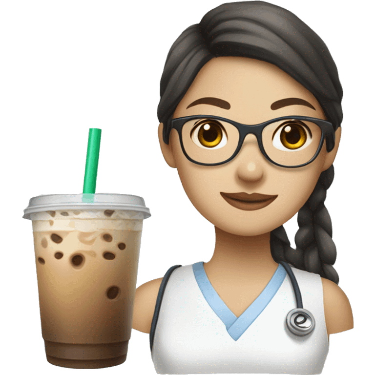 fair skinned Chinese girl with glasses nursing student with iced coffee and wearing crocs  emoji