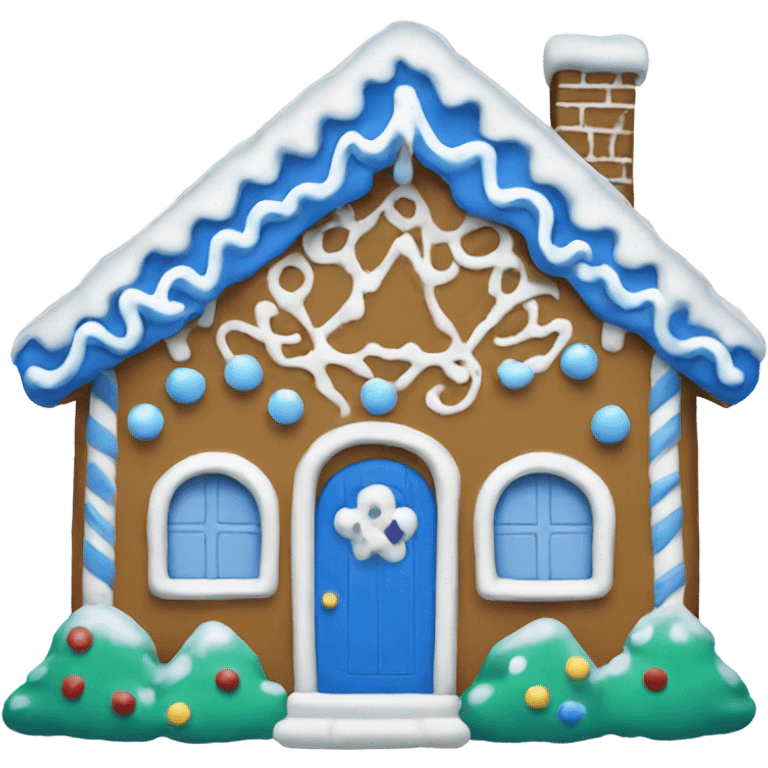 A blue and white gingerbread house emoji