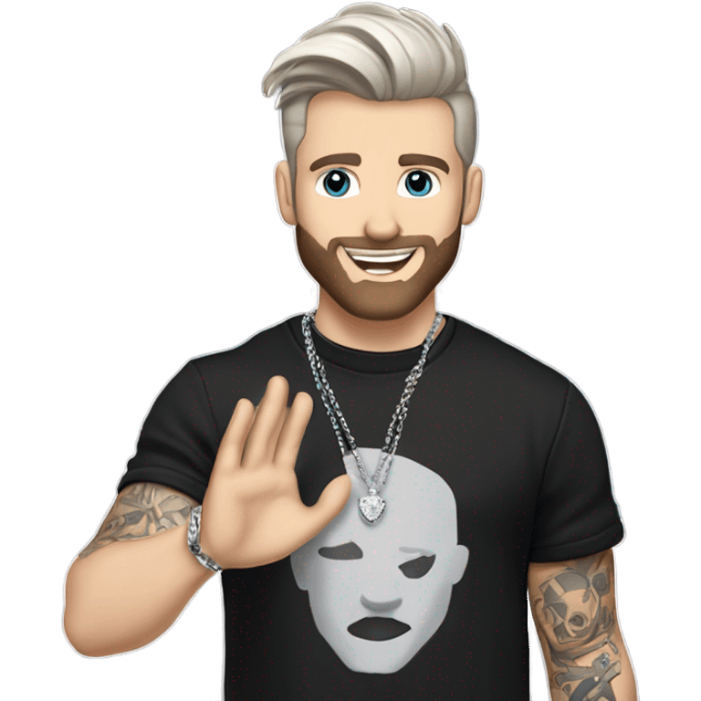 Younger white male with dark brown hair with grey highlights, a beard, and tattoos. He is wearing a diamond coated white gold necklace and a black punk band t-shirt while waving hello emoji