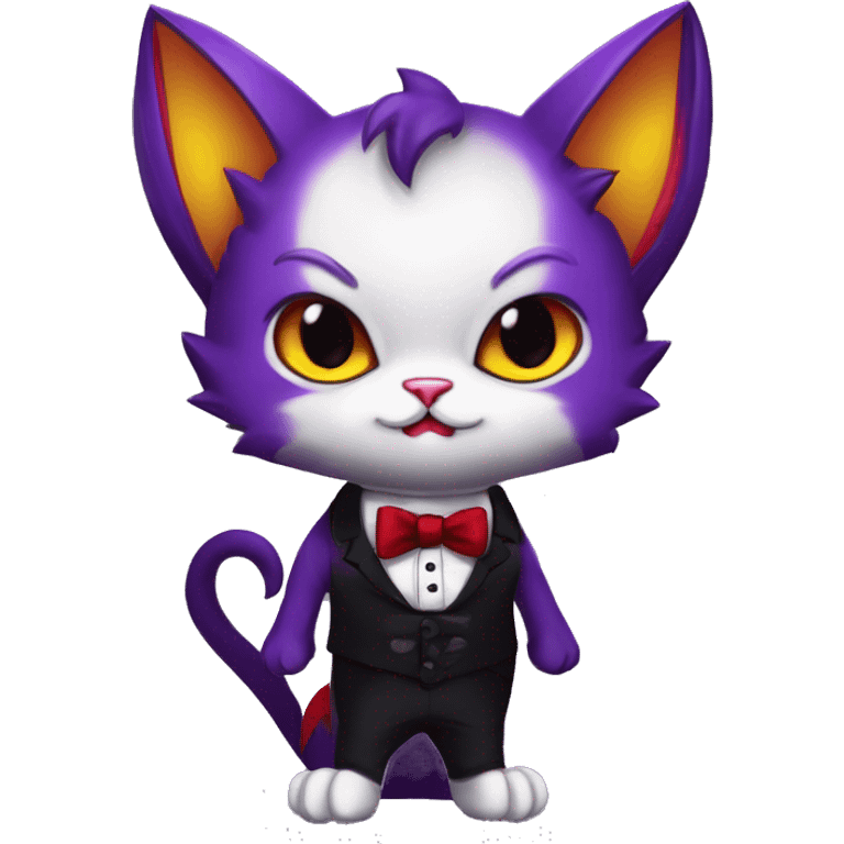 Cute-Evil-Vampiric-Batty-Cat-Black-Purple-Red-Yellow-Contrast-Colors-Fantasy-Fur-Sona-Chibi-Shiny-Fakémon-Hybrid with horns and big fangs neck bow white tie leg spats full body emoji