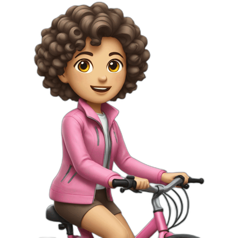 Taiwanese girl with curly hair and pink jacket riding bicycle emoji