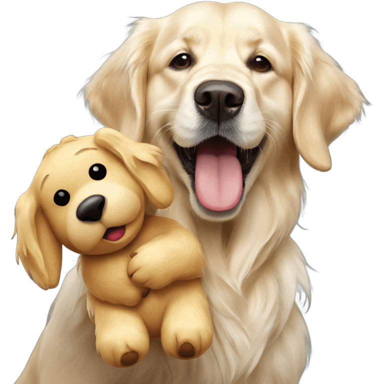 English cream golden retriever holding bear toy in mouth emoji