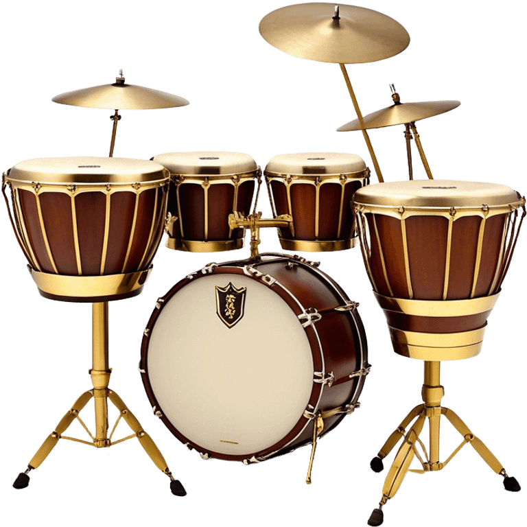 Create a professional, emblem-like emoji representing percussion instruments, including both traditional and folk drums. Feature a snare drum, bass drum, timpani, cymbals, marimba, tambourine, djembe, bongos, cajón, triangle, castanets, and ratchets in a balanced, heraldic composition. Crossed drumsticks at the center symbolize rhythm, while a ribbon of musical notes weaves around the instruments. Use rich gold, mahogany, and silver tones with polished highlights. Add laurel wreaths and subtle engravings for a grand, festive feel. The design should be harmonious, visually complete, and on a transparent background. emoji