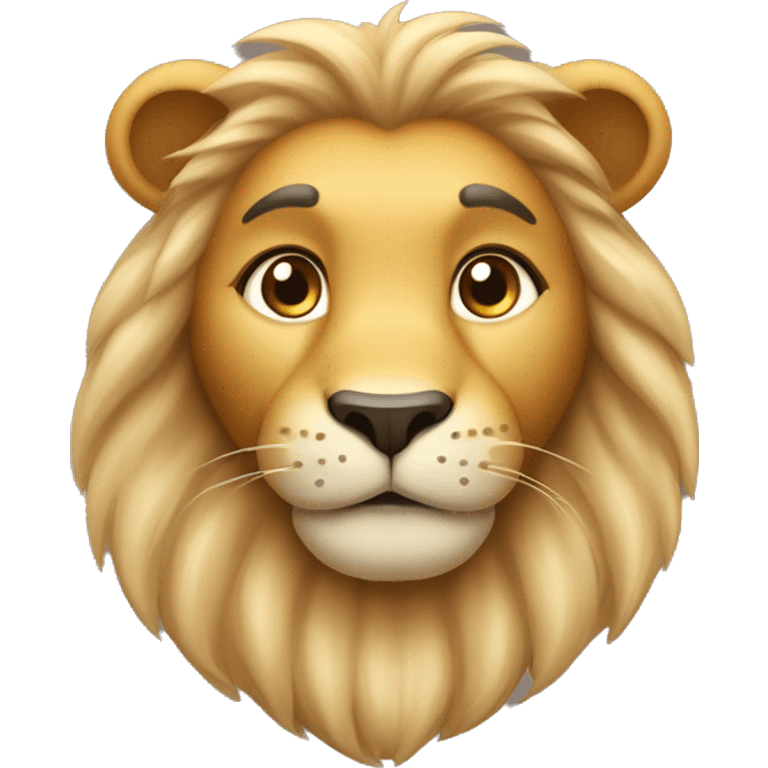 emoji of a cute, round-faced lion with golden fur, small black eyes, an oval nose, and a gentle smile. Include light brown eyebrows and soft gradients for a smooth, cartoonish look. emoji